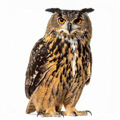 Obraz premium Owl Sitting on White Background, Wild Nocturnal Bird Close Up No Shadow
