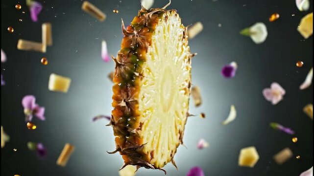 Delicious pineapple slices with floating ingredients on a dark background.