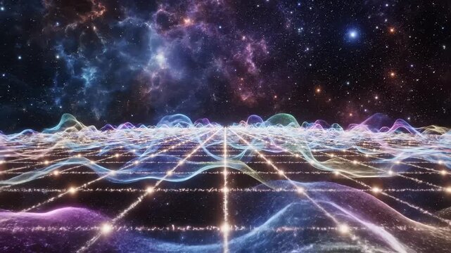 A vast cosmic landscape features luminous waves and vibrant patterns. an otherworldly grid, blending colors of waves and stars in the universe.
