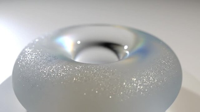 Delicate frosted glass donut shape resting on a smooth surface with subtle sparkle