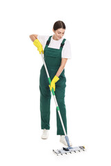 Smiling cleaning service worker with mop on white background