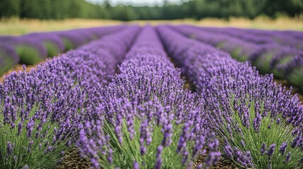 Obraz premium Lines of vibrant purple lavender blossoming across a field in early July