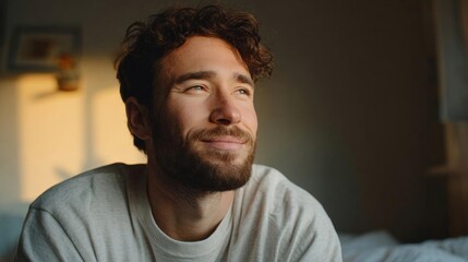 Obraz premium Close-up portrait of a young man with curly hair and a beard. he is sitting on a bed, looking up at the sky with a peaceful expression on his face.
