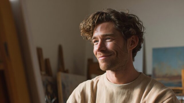 Portrait of a young man with curly hair and a beard. he is standing in an art studio with various art supplies and paintings on easels in the background.