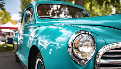 A turquoise classic car is shown in close up with smooth bodywork and chrome trim gleaming in the sun. The vintage headlight and windshield reflect trees and nearby show tents