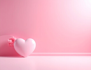 Dreamy pastel pink landscape with a huge glowing sphere, hearts and cherry blossom trees. Minimal romantic background.