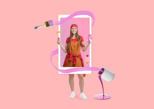 Happy renovation blogger with paint roller and color samples in social media post frame on pink background