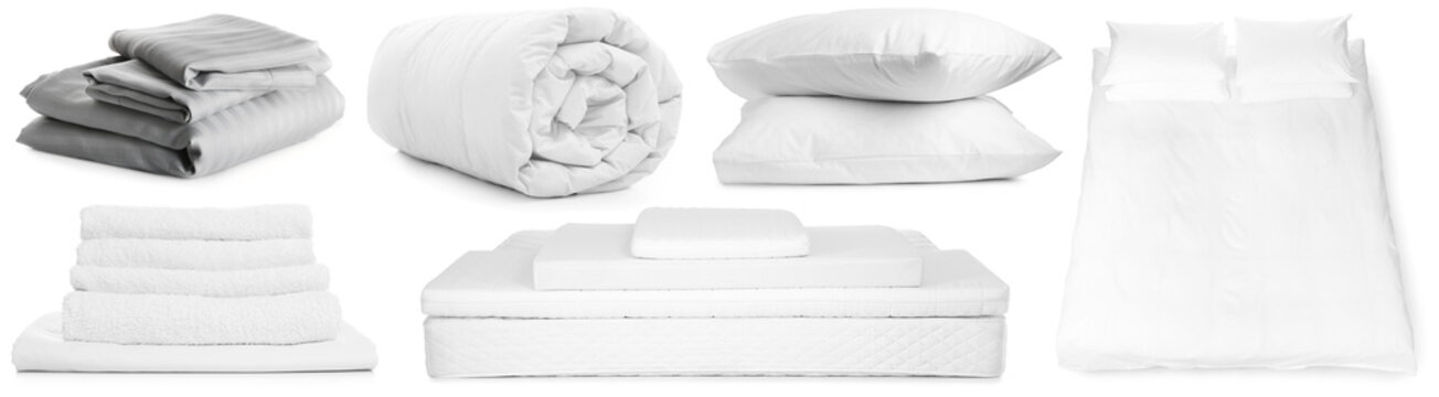 Bed accessories for comfortable sleep isolated on white, set