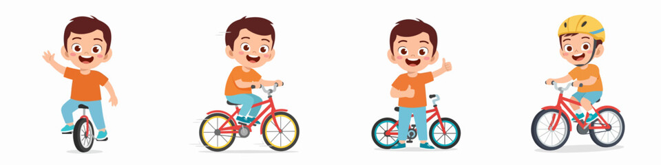 Cartoon Illustration of Happy Little Boy Cycling and Riding Unicycle © Hcane