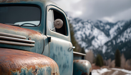 Handheld closeup of vintage 1940s pickup truck in the mountains