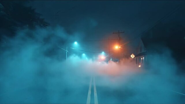 Foggy Empty Street at Night with Neon Streetlights, Stranger things vibe.
