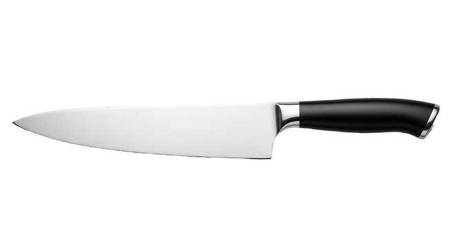 Professional Stainless Steel Chef Knife with Ergonomic Black Handle Isolated on White Background