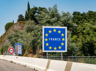Driving on high-speed highways in southwestern France, road signs A9 motorways, border of Spain, connecting cities and regions, heavy traffic jam in summer © barmalini