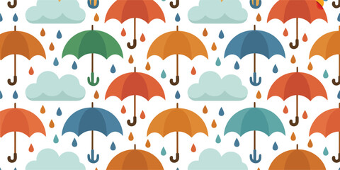 Colorful Umbrella Seamless Pattern  Raindrops, Clouds and Autumn Weather Vector