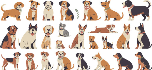 Fototapeta premium Flat Cartoon Dog Breeds Vector Collection Different Sizes and Colors
