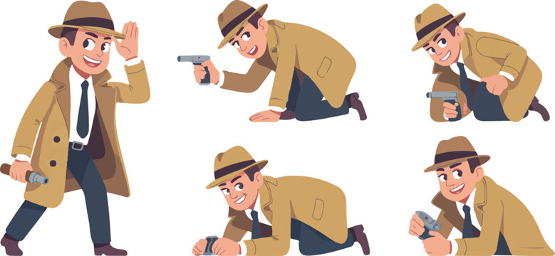 Detective Spy Cartoon Character Vector Set Trench Coat and Secret Agent Poses