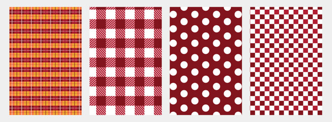 A set of seamless retro patterns with polka dots and checks. Red and orange. © Наташа Пономаренко