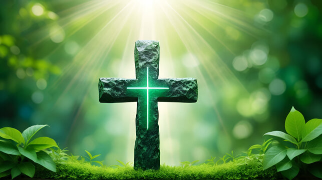 Sacred stone cross radiates divine light against vibrant green backdrop symbolizing faith and spiritual awakening