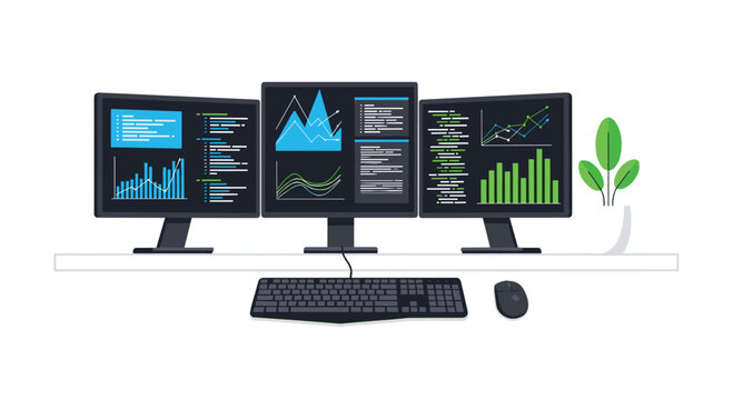Three computer monitors displaying data, charts, and code, with a keyboard, mouse, and plant on a desk.