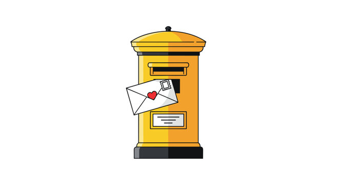 A traditional yellow British post box stands upright with a white envelope, adorned with a red heart, partially inserted into its slot.