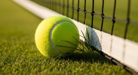 Tennis ball on grass tennis court boundary in bright sunny lighting for sports marketing