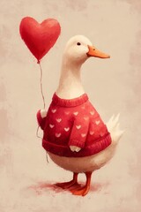 Cute Duck in Love Sweater Holding a Heart Balloon