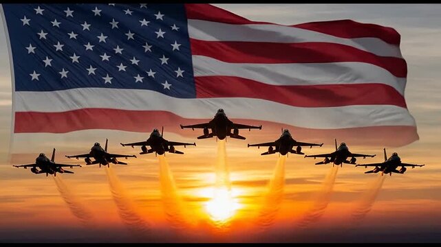 Fighter jets flying beneath American flag during golden sunset