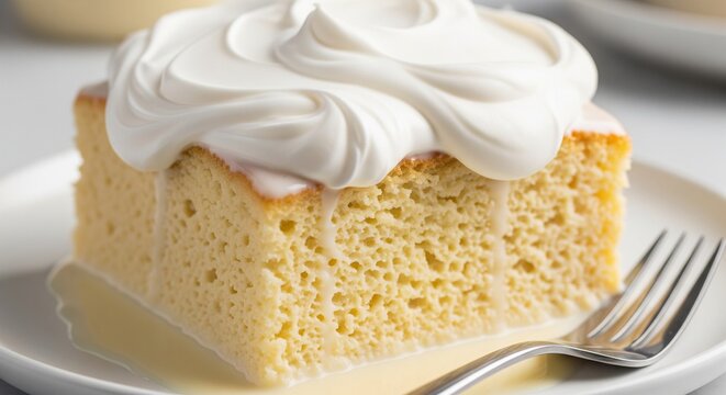 A square slice of sponge cake soaked in milk, topped with a generous layer of whipped white cream and milk pooling at the base