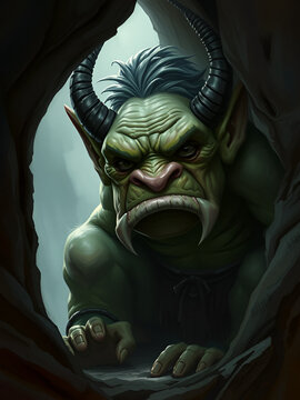 A troll with a hulking form and a scowling expression, hiding under a bridge and waiting for its next victim.Digital art painting,Fantasy art,Wallpaper