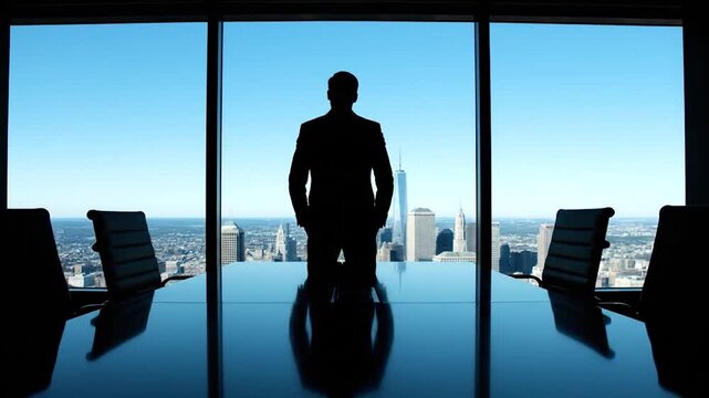 Silhouette of a person standing at a window overlooking a cityscape