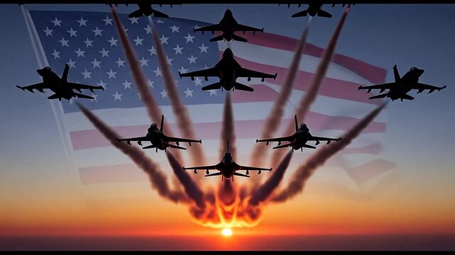Fighter jets flying formation with American flag at dramatic sunset