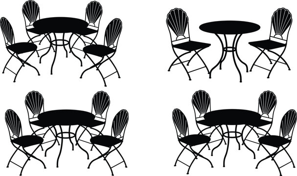 Collection of Outdoor Cafe Furniture Silhouettes Featuring Round Bistro Tables and Decorative Chairs Professional Flat Vector Illustration for Restaurant Design