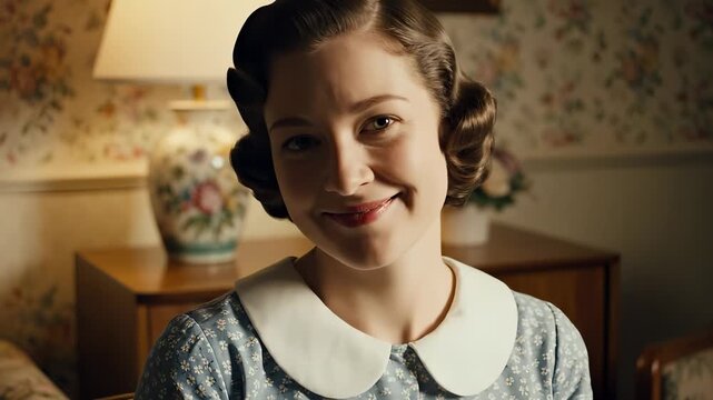 The woman in the blue dress sits in a cozy room with floral wallpaper. Her smile suggests warmth as the light from the lamp illuminates her cheerful expression.