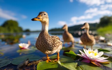 Close-up of Ducks on Lilies with Scenic Background in a Tranquil Setting