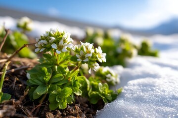 Arctic Saxifrage Flowers Emerging in Snow-Covered Terrain with Blue Sky