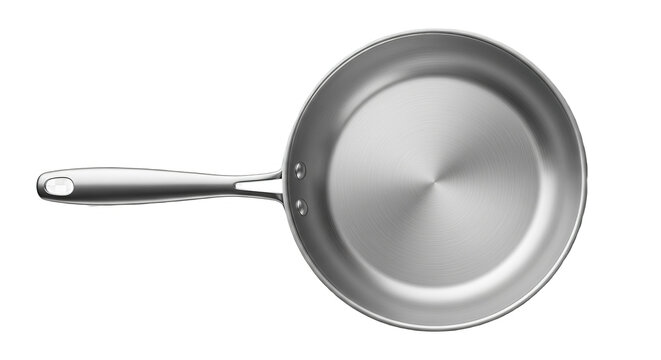 Top View of a Polished Stainless Steel Frying Pan with Long Handle Isolated on White Background