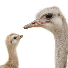 PNG of Close-up of an adult and chick ostrich, showcasing their distinctive features.