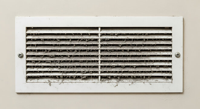 close-up of dusty louvered air white return air grille vent cover powder coated steel for ventilation system dirty needs cleaning abstract background