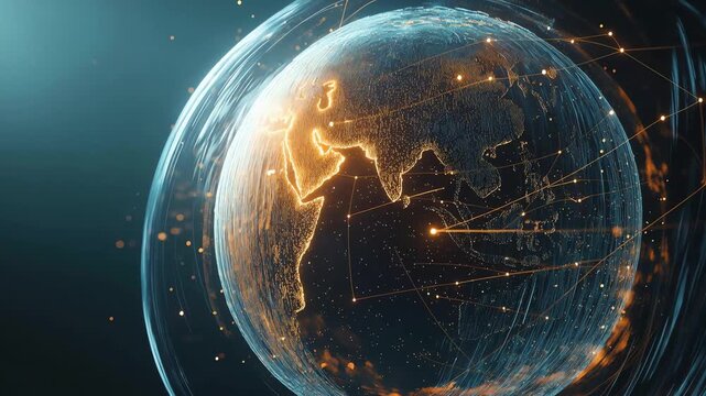 Digital supply chain visualization with data points on earth globe