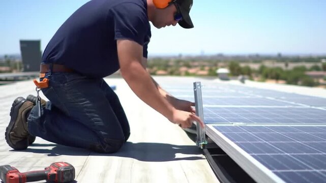 Medium shot: A solar panel installer securing a bracket on a rooftop.