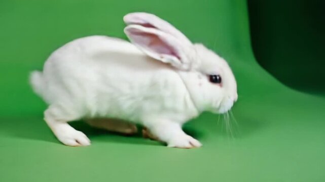 Close-up video of a fluffy white rabbit hopping across a green screen background