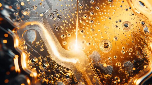 Active cooling liquid bubbles rising around quantum processor core macro