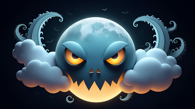 Spooky Cloud Character With Bats Moon Face Glowing Eyes And Tentacles Animation