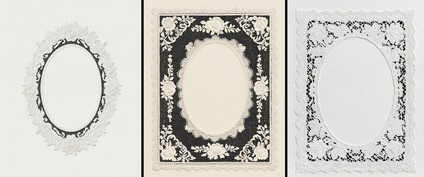 White Lace Doily Frame Set with Oval Vintage Crochet Borders Isolated on Neutral Background for Social Media Branding