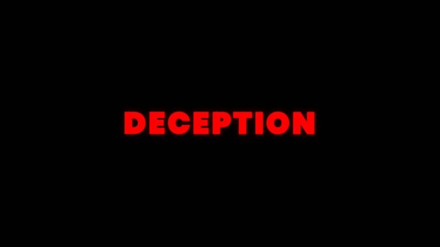 Simple Deception text animation with glowing red neon letters on a dark background, ideal for crime themes, mystery concepts, and dramatic video intros.