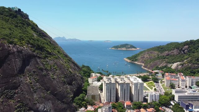 Captivating drone capture of Urca neighborhood of Rio de Janeiro, Brazil. Aerial perspective.