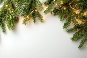 Obraz premium Holiday Marketing Concept with Clean Style Featuring Pine Branches and Lights
