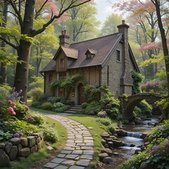 Stone cottage beautiful and cozy English Countryside fantasy Stone cottage in a spring forest aside a cobblestone  path and a babbling brook
