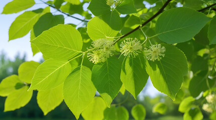 green linden leaves with linden flowers against the backdrop of green nature