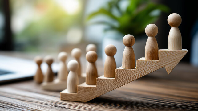 Wooden peg people standing on rising wooden arrow representing career progression, team growth and upward business momentum, professional advancement, organizational development,